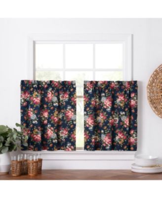 Ellis Bella Rose Stylish Medium Scale Printed Floral Pattern 1.5" Rod Pocket Tier 56"x36" Navy
