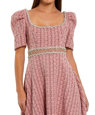 Women's Puff Sleeve Boucle Midi Dress With Beaded Belt