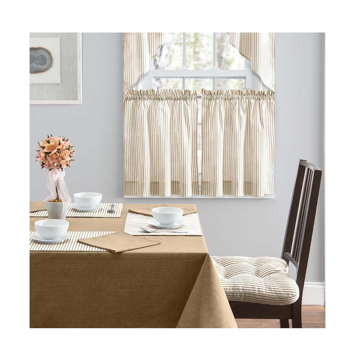 Ellis Curtain Plaza Classic Ticking Stripe Printed 1.5" Rod Pocket Tailored Tiers 56" x 36" Tan