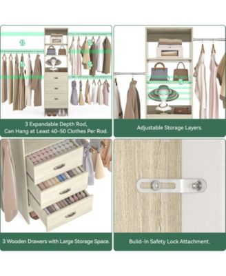 5-8FT Adjustable Closet Organizer System with 3 Drawers and Hanging Rods, Clothes Rack for Closet Organization