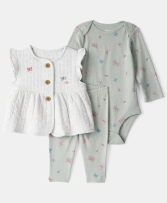 Carter's - Baby Girls 3-Piece Butterfly Vest, Bodysuit and Pants Set