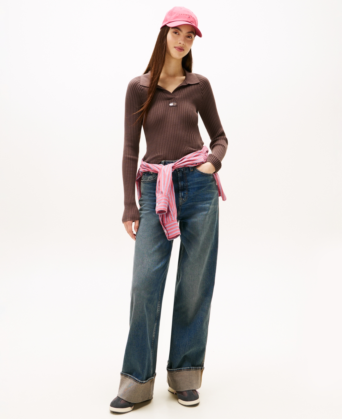 Tommy Jeans Women's Long-Sleeve Ribbed Collar Polo Top