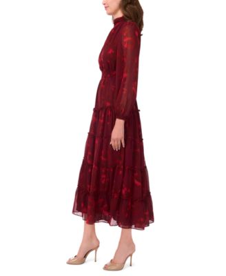 Women's Long-Sleeve Keyhole Mock Neck Tiered Maxi Dress