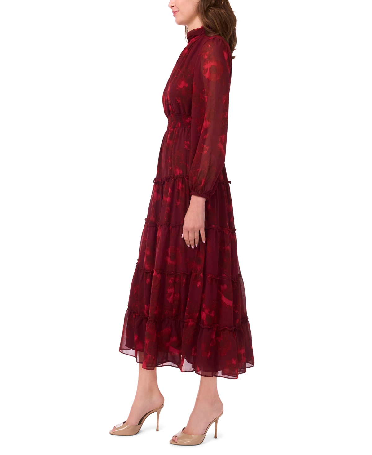 Msk Women's Long-sleeve Keyhole Mock Neck Tiered Maxi Dress In Red