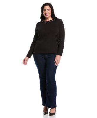 Women's Plus Size Chain Neck Detail Long Sleeve Top