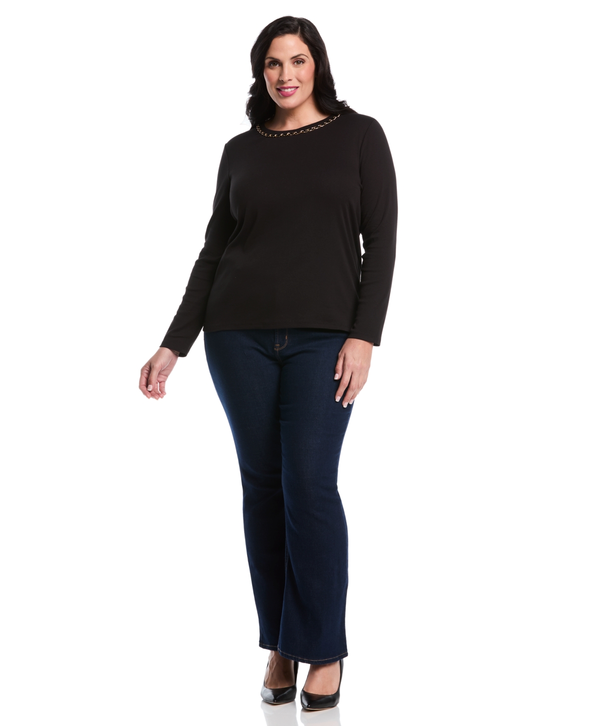 Rafaella Women's Plus Size Chain Neck Detail Long Sleeve Top In Black