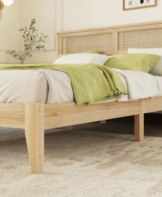 Queen Upholstered Bed Frame with Rattan Headboard and Support Feet, Wooden Frame Queen Size Platform Bed, No Box Spring Needed