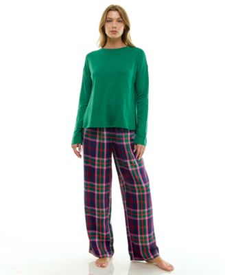 Roudelain - Women's Open Leg Flannel Pants with Contrast Waistband