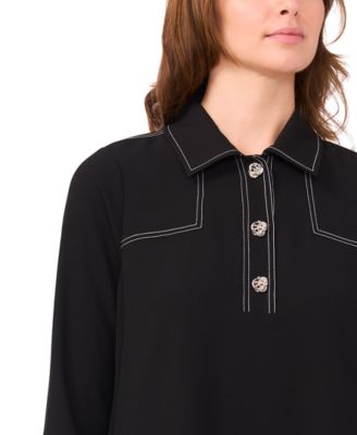 Women's Contrast Stitching & Buttons Long-Sleeve Dress