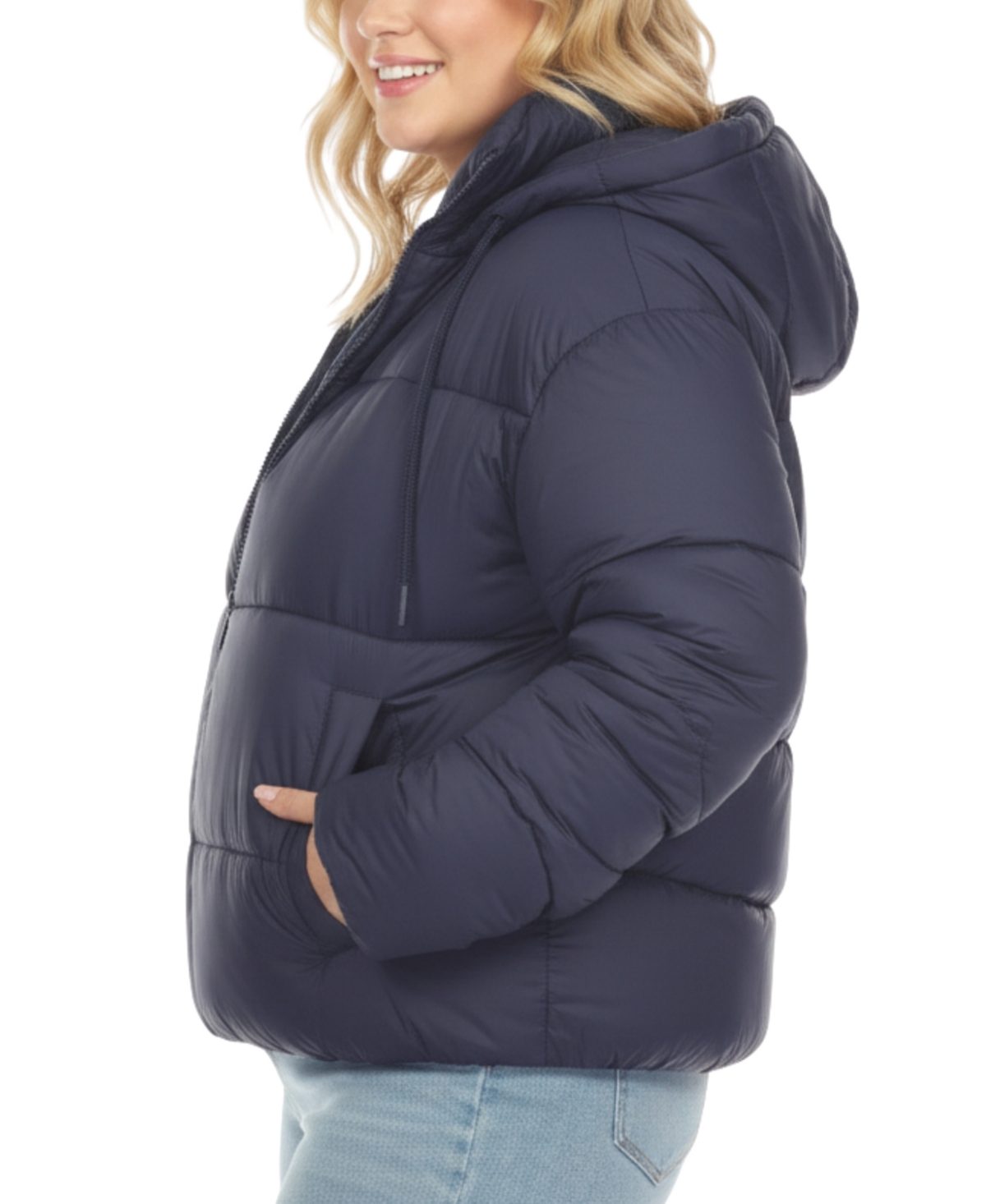 White Mark Plus Size Quilted Puffer Crop Jacket With Hood In Blue