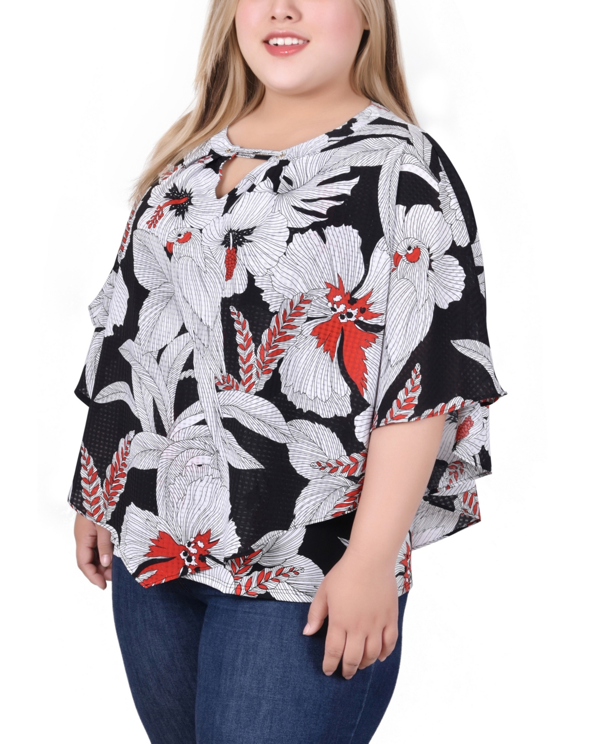 Ny Collection Women's Plus Size Elbow Sleeve Poncho Top In Black