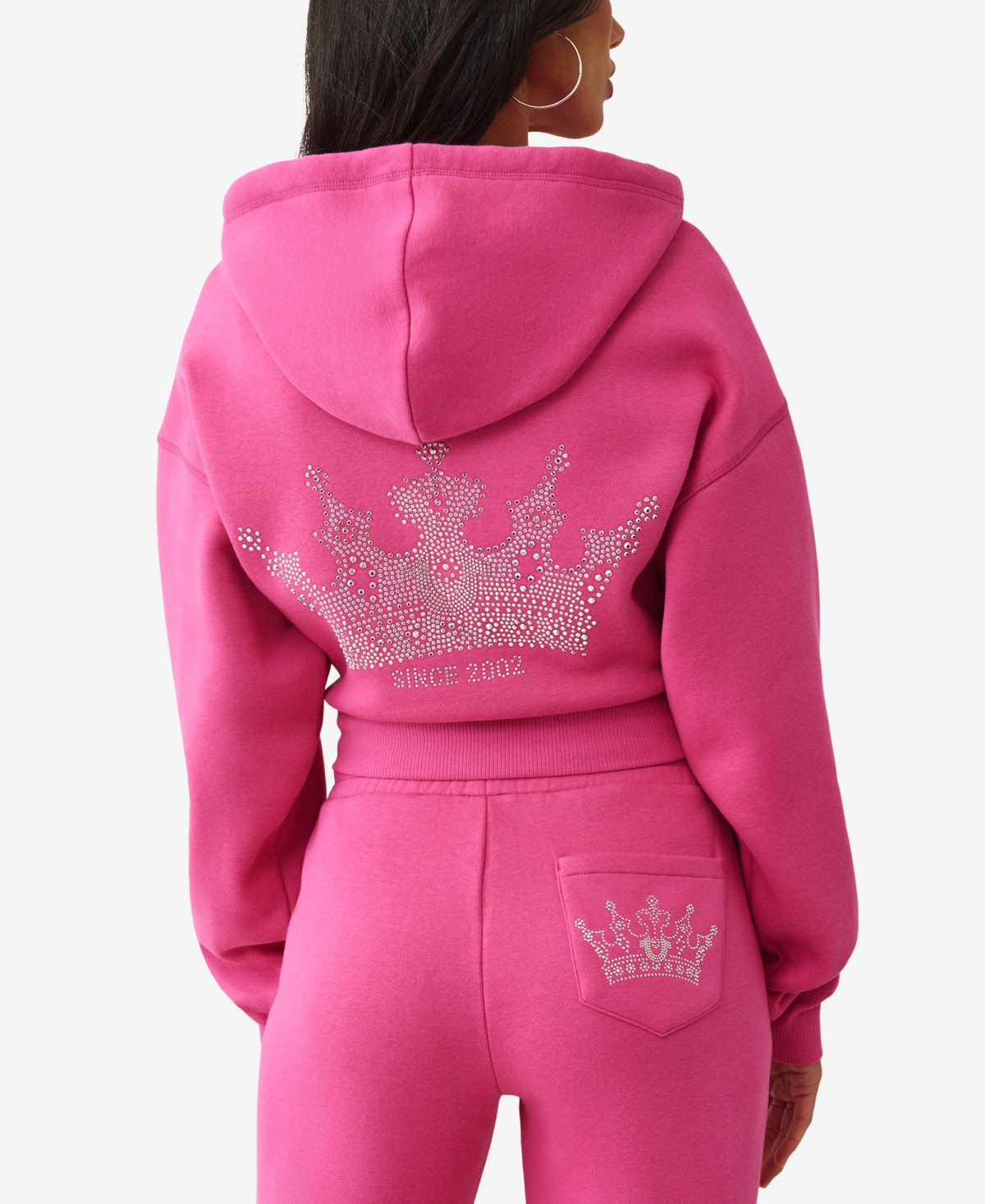 True Religion Rhinestone Logo Crop Hoodie In Pink