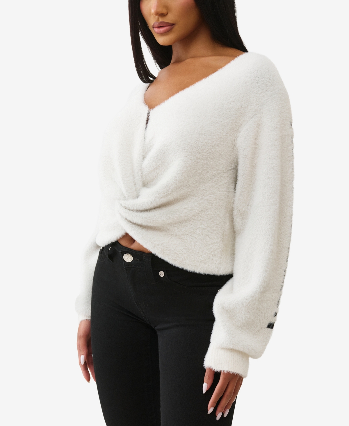 True Religion Women's Jacquard Reversible Crew Neck Sweater In White