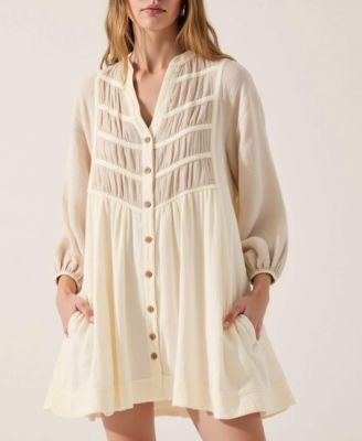 Women's Textured Sheer Panel Pintuck Shirt Dress