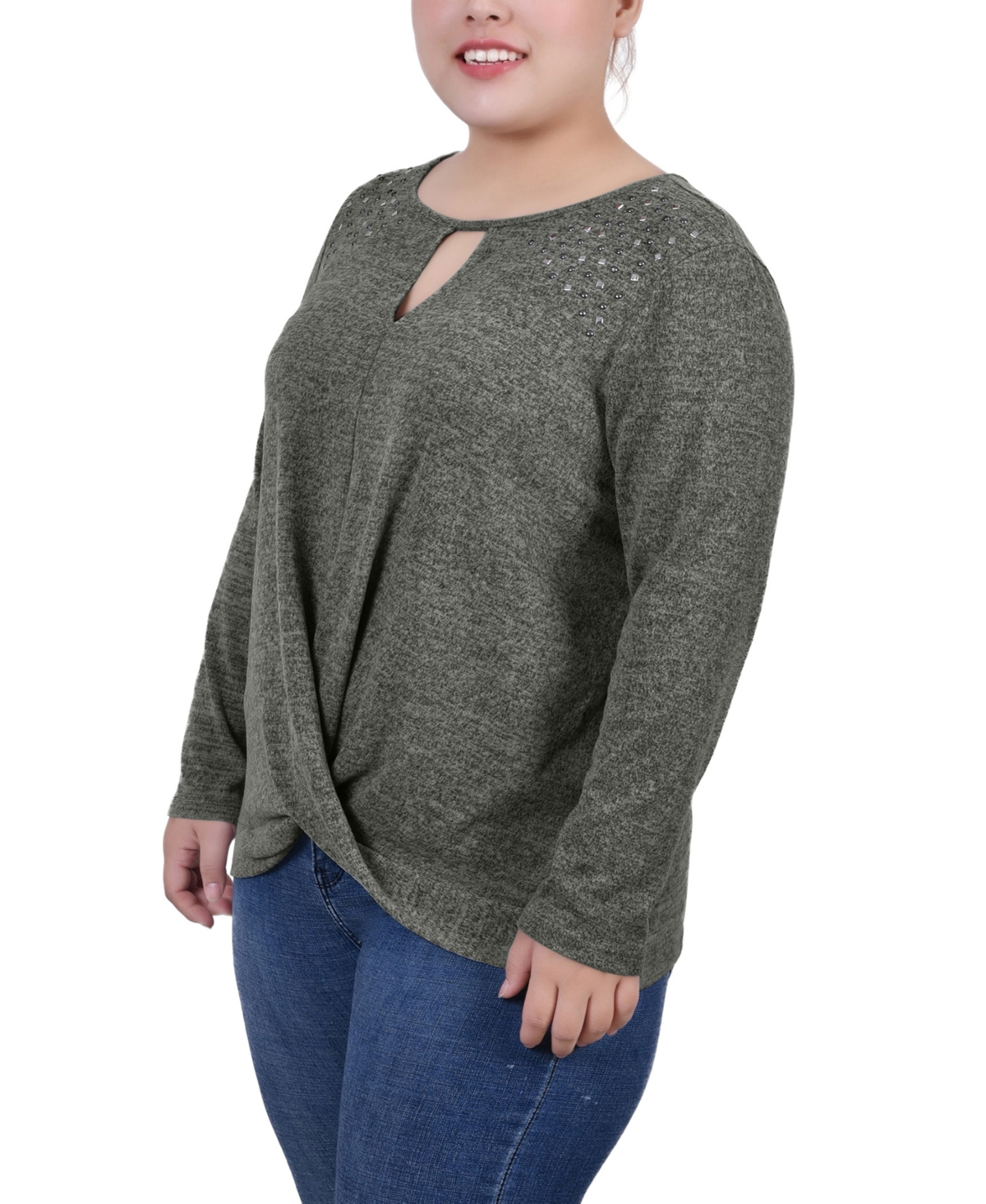 Ny Collection Women's Plus Long Sleeve Knit Keyhole Top