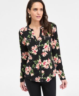 JM Collection - Women's Audra Floral-Print Zipper-Pocket Top
