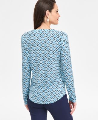 Petite Chloe Tile Long-Sleeve Zipper V-Neck Top, Macy's Exclusive