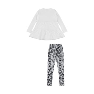 Little Girls Ruffle Hem Tiered Tunic and Legging Set - White/Black/Hello