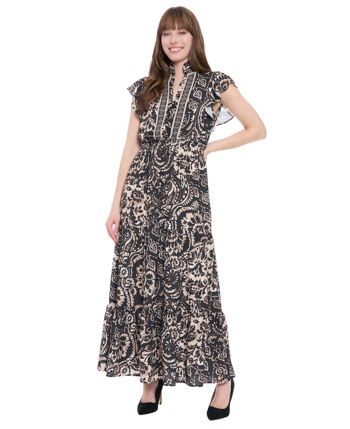 London Times Women's Smocked Waist Maxi Dress