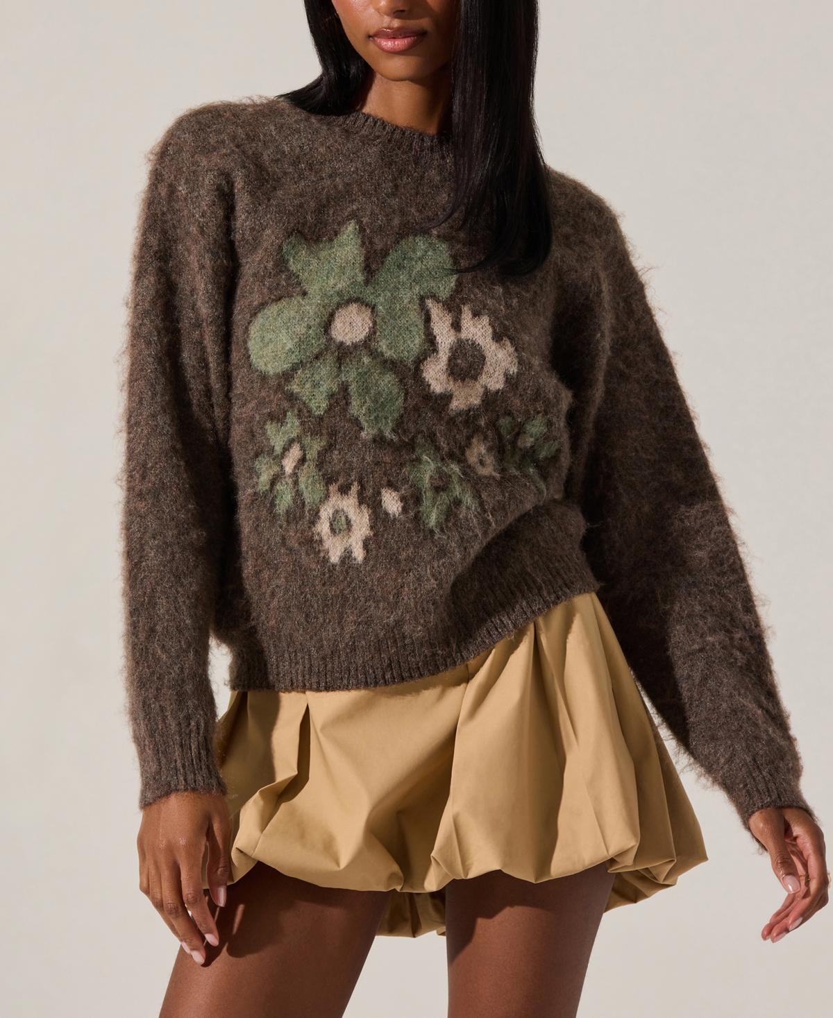 Astr The Label Conetta Floral Fuzzy Sweater In Brown