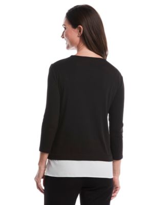 Petite Rivet Detail Mixed Media Layered 3/4 Sleeve Top