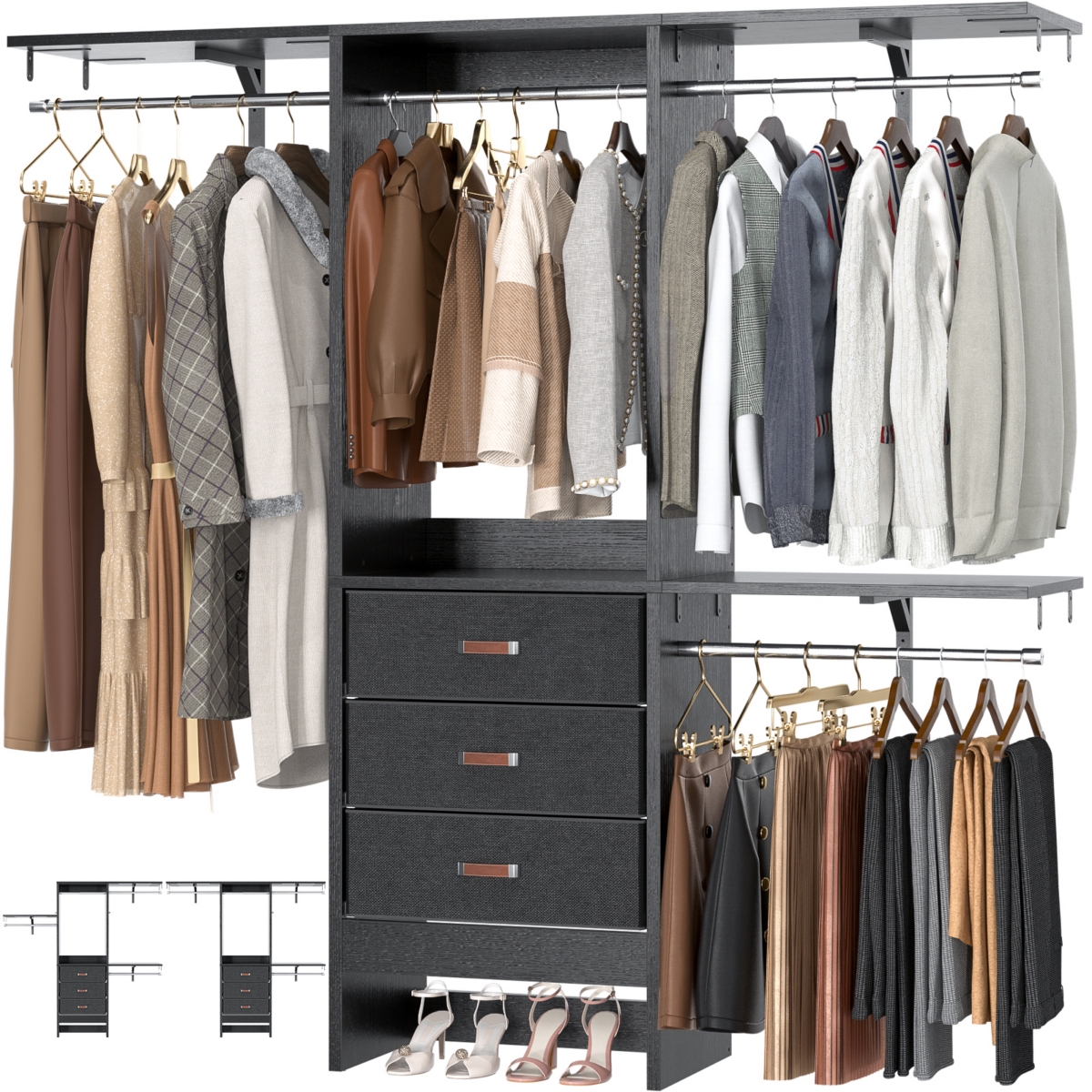 Aheaplus 5FT Small Closet Organizer System with 3 Fabric Drawers, 60" Shelving Towers