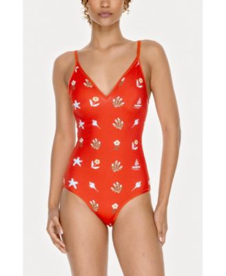 Women's Red Coral Reversible V-Neck One-Piece Swimsuit