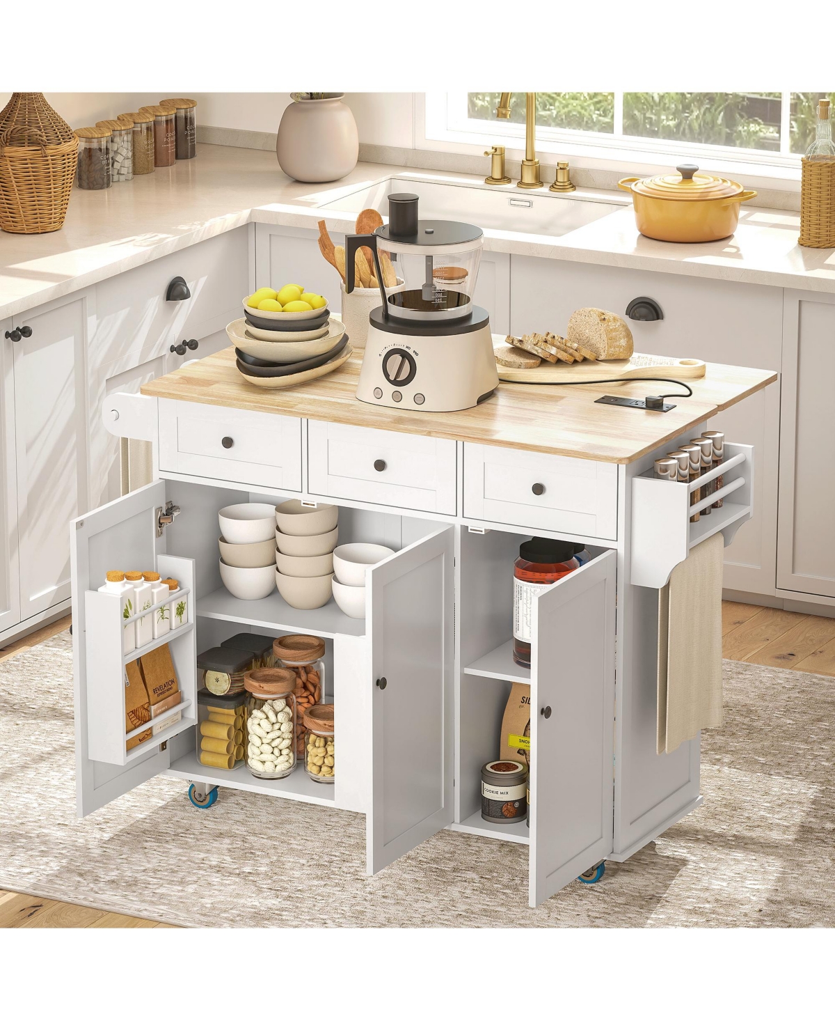 Homcom Mobile Kitchen Island with Power Outlet Drop Leaf Kitchen Cart