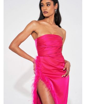 Women's Perrin Fuchsia Pink Feather Dress High Slit Gown