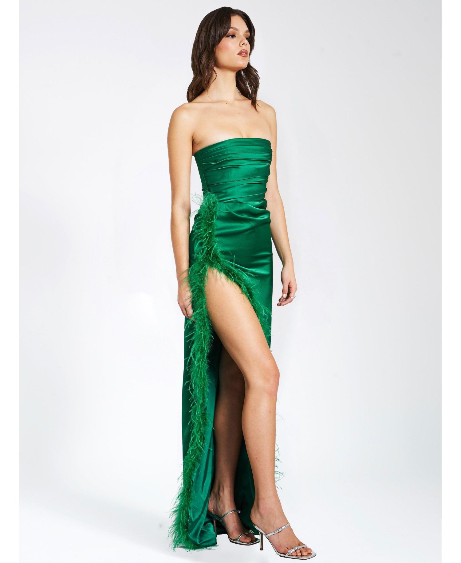 Women's Perrin Emerald Green Feather Dress High Slit Gown