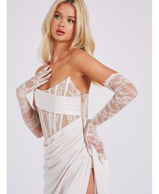 Women Callie Pearl White Lace Satin Corset High Slit Gown