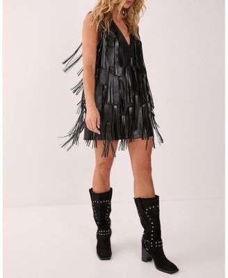 Women's Faux Leather Tassel Plunge Mini Dress