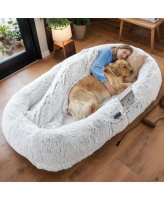 Grey White Human Dog Bed Washable Faux Fur Dog Bed Napping Orthopedic Dog Bed
