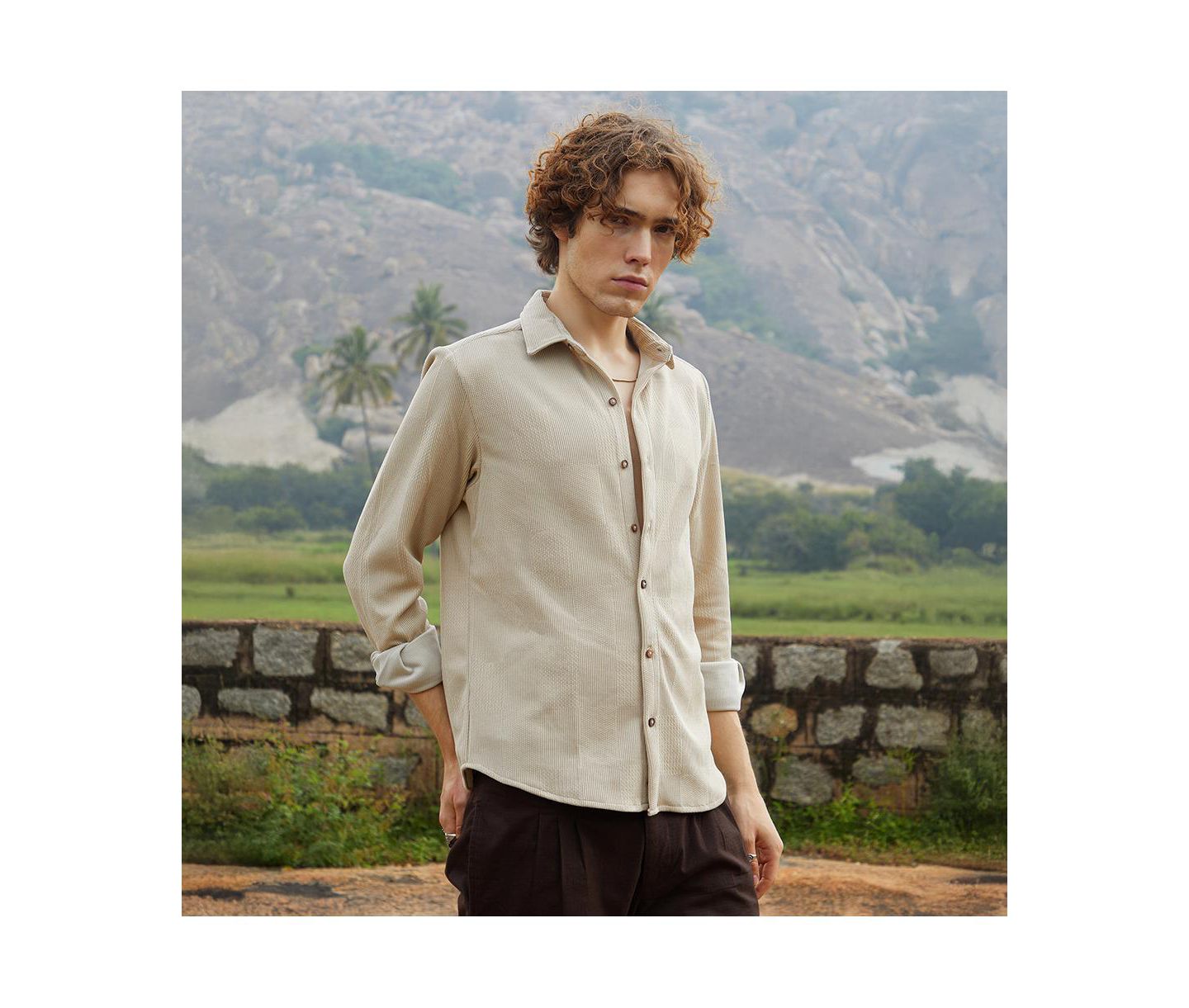 Мужская рубашка Cahoot Campus Sutra Saltbox Beige Solid Knit, цвет: Бежевый — фото 3