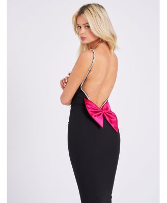 Women's Flore Black Crystal Straps Backless Gown With Bow