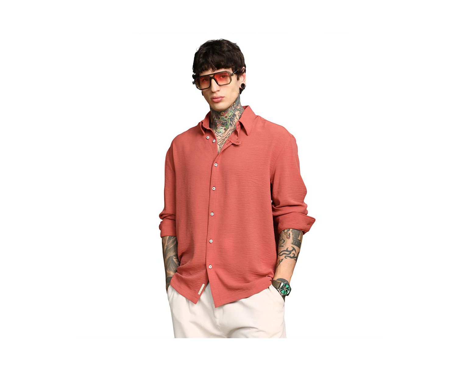 Men's Coral Orange Breezy Wrinked Shirt