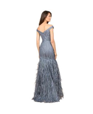 Women's Off Shoulder Mermaid Beaded Gown with Feathers