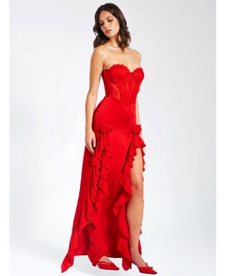 Women's Talia Red Satin Lace Corset Maxi Dress