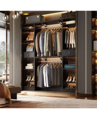 58" - 90'' W MDF/Metal Closet System with 2 Drawers, 3 Hanging Rods and Shelves Large Walk-in Closet Organizer