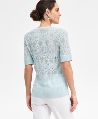 Petite Short-Sleeve Pointelle V-Neck Sweater, Macy's Exclusive