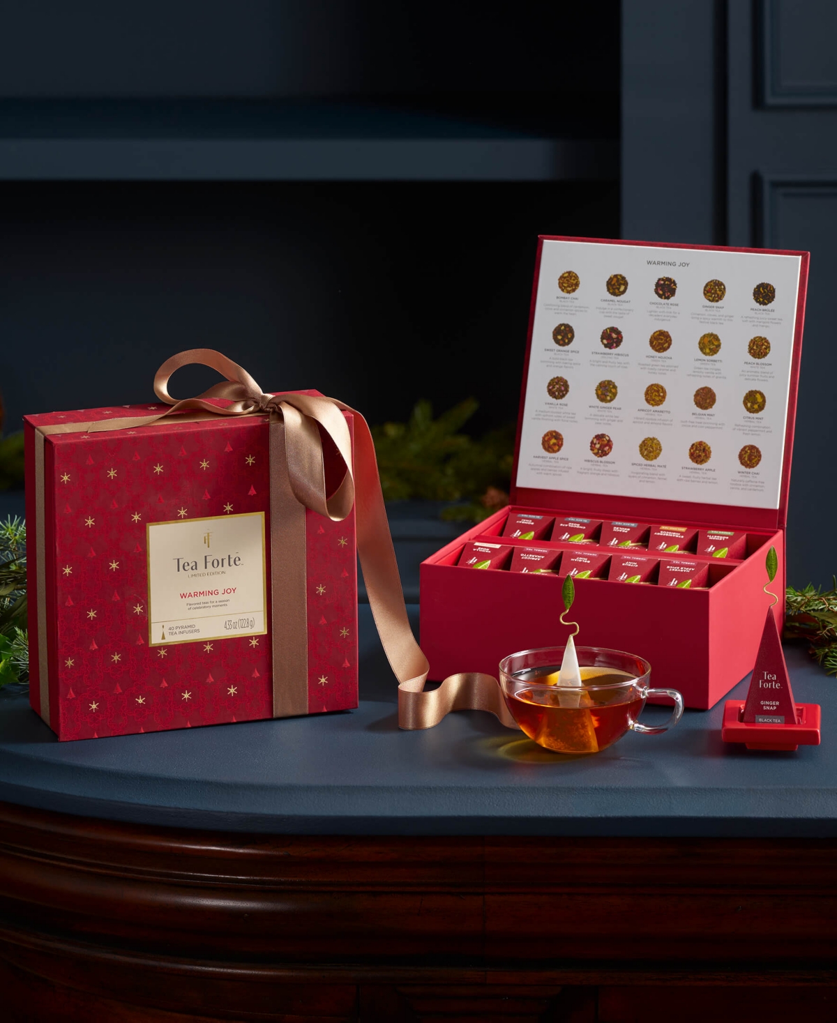 Tea Forte Holiday Warming Joy Bundle with 10-Pyramid Infusers, Cafe Cup and Tea Tray