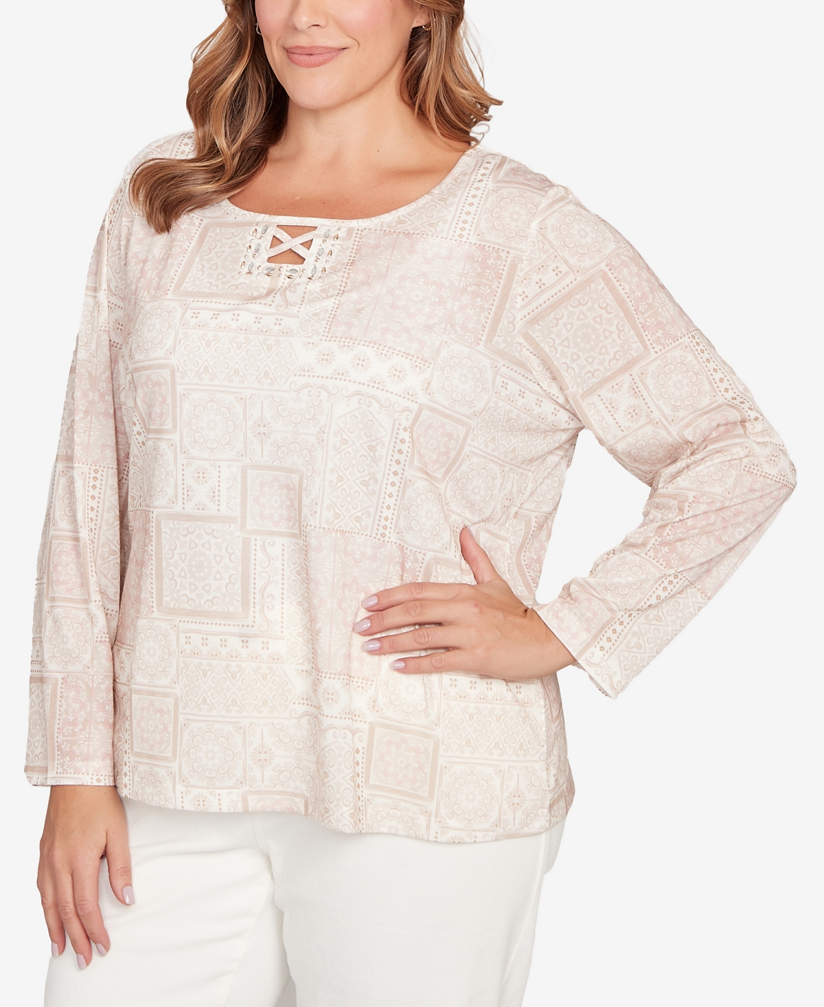 Hearts Of Palm Plus Printed Long Sleeve Embellished Top