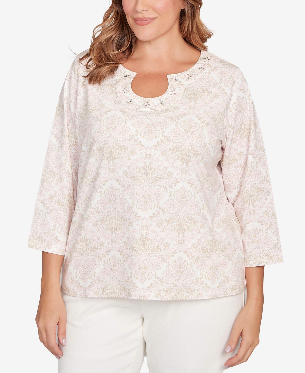 Hearts Of Palm Plus Printed 3/4 Sleeve Top with Horseshoe Neckline