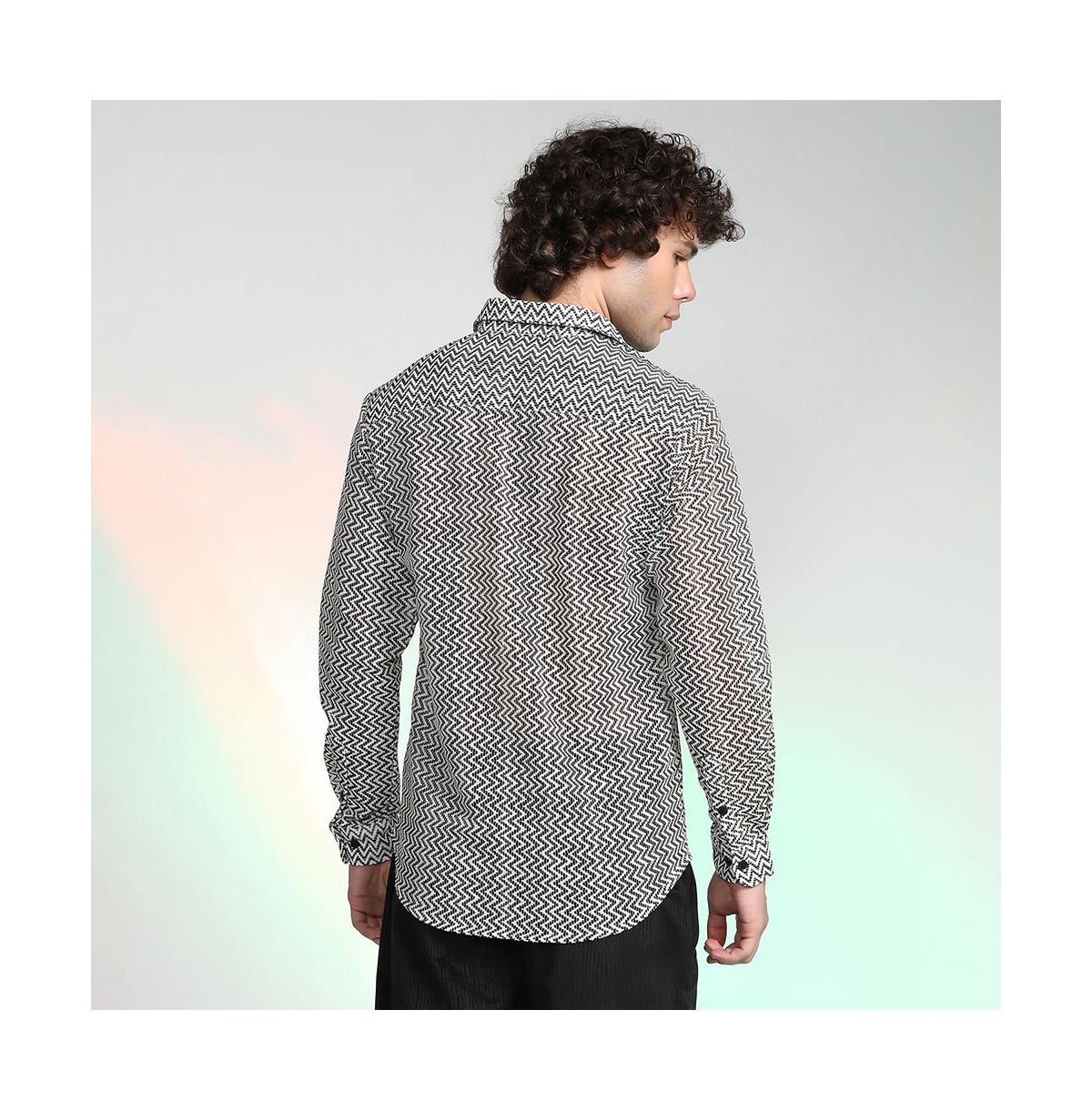 Campus Sutra Men's Onyx Black & Cream White Zig-Zag Block Shirt