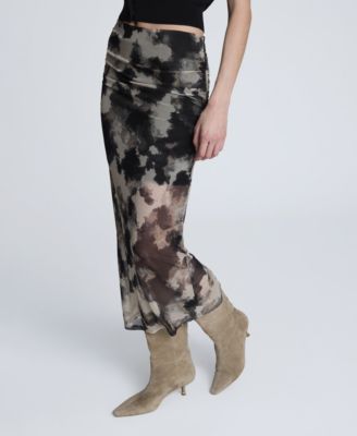 Women's Printed Mesh Side Ruched Midi Skirt