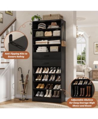 8-Tier Shoe Rack with 2 Drawers, 80'' High Wooden Shoe Cabinet with Adjustable Shelves