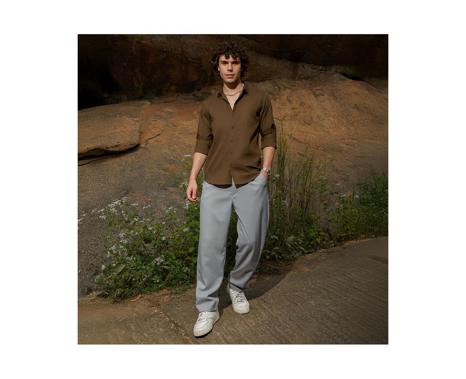 Men's Olive Green Solid Button-Up Shirt