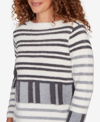 Petite Striped Feather Eyelash Pullover Sweater