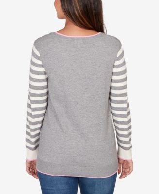 Petite Maltese Puppy Striped Sleeve Pullover Sweater