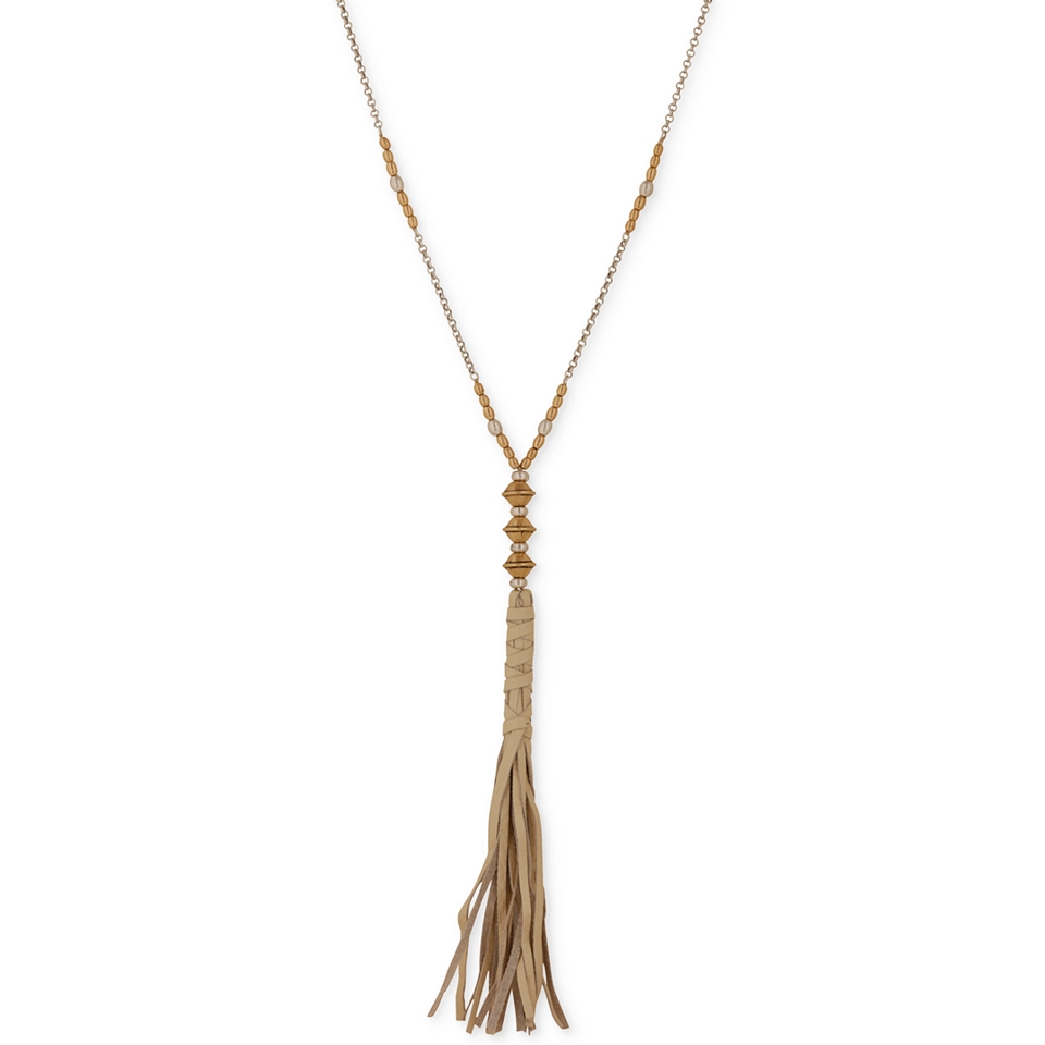 Lucky Brand Gold Tone Leather Tassel Lariat Necklace   Jewelry